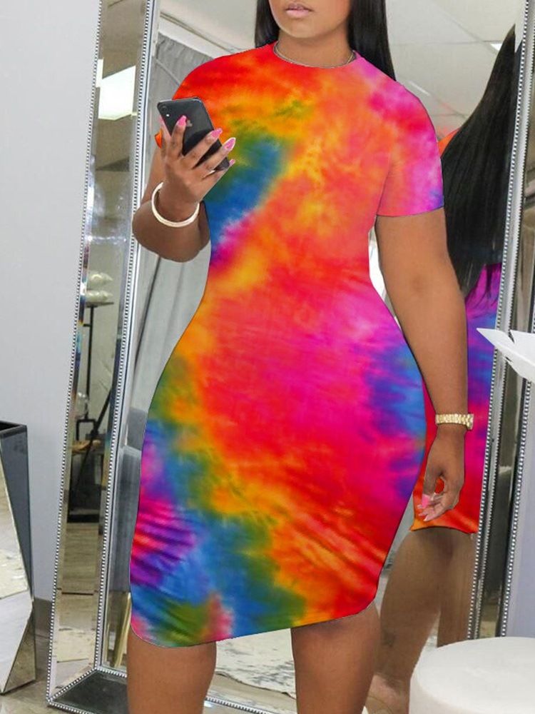 Tie-Dye Kne-Lang Kortermet Mid Waist Bodycon Dress