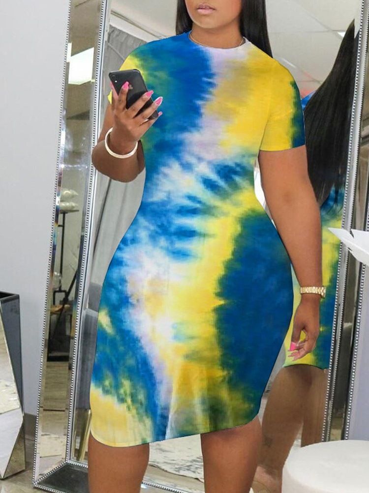 Tie-Dye Kne-Lang Kortermet Mid Waist Bodycon Dress