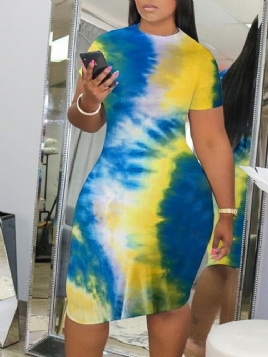 Tie-Dye Kne-Lang Kortermet Mid Waist Bodycon Dress