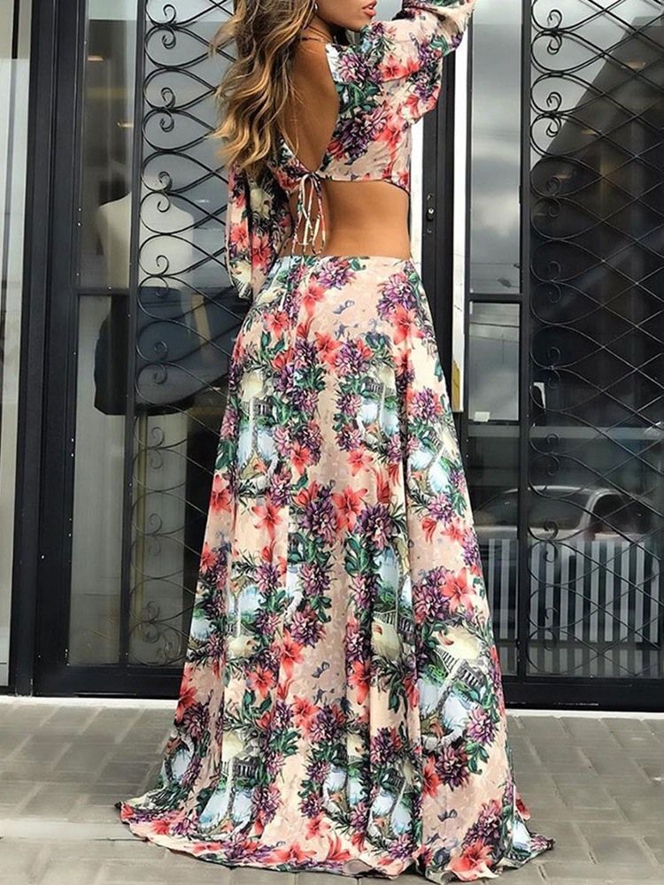 V-Hals Blonder Med Trekvart Erme Travel Look Floral Maxi Dress