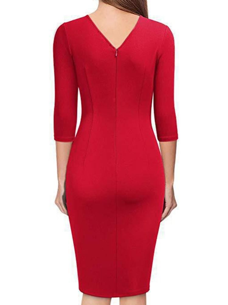 V-Hals Kne-Lengde Trekvart Ermet Pullover Vanlig Bodycon-Kjole