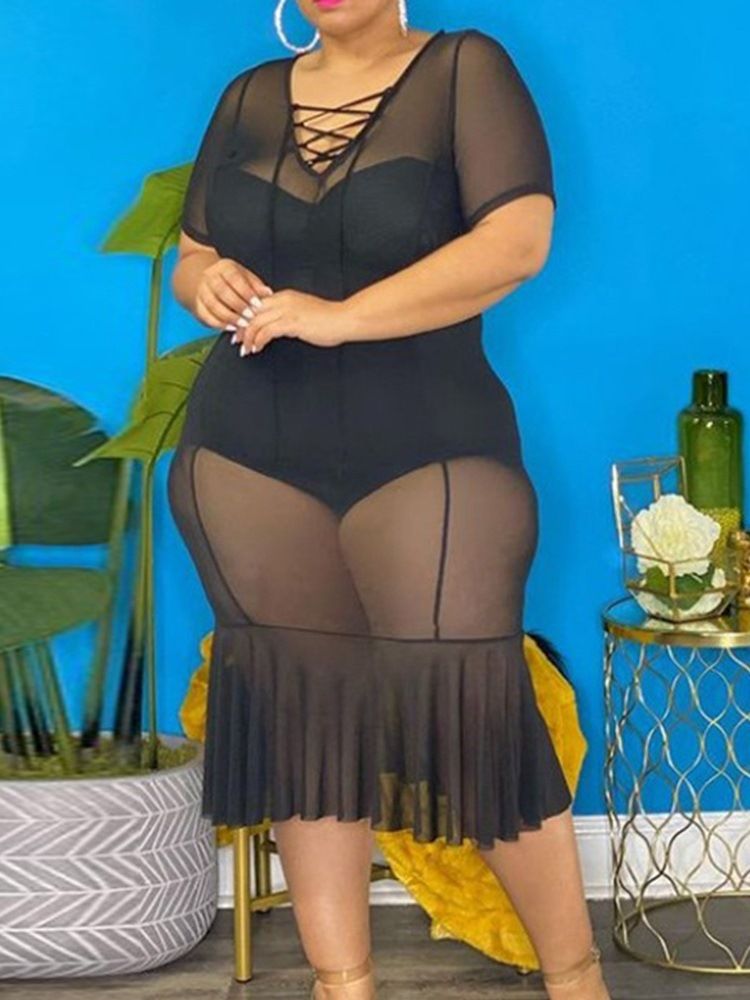 V-Hals See-Through Mid-Calf Pullover Bodycon Kjole Plus Size