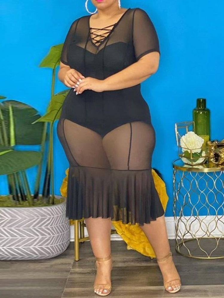 V-Hals See-Through Mid-Calf Pullover Bodycon Kjole Plus Size