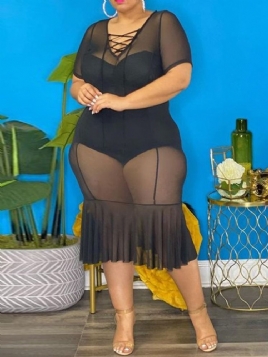 V-Hals See-Through Mid-Calf Pullover Bodycon Kjole Plus Size