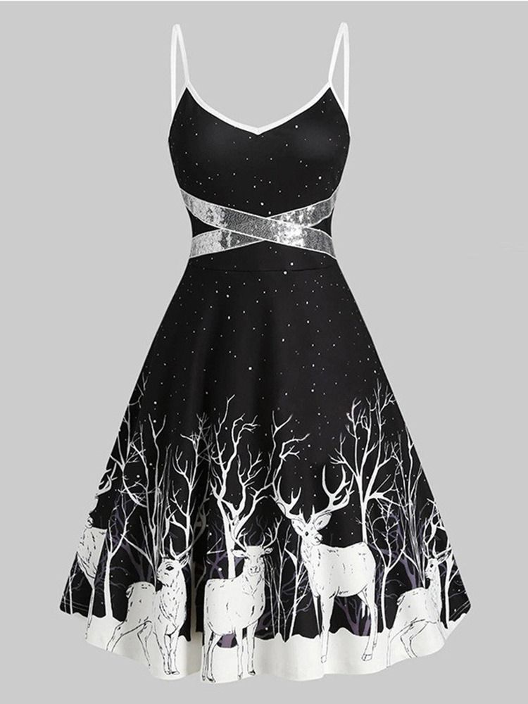 Christmas V-Hals Ermeløs Print Expansion Cartoon Dress