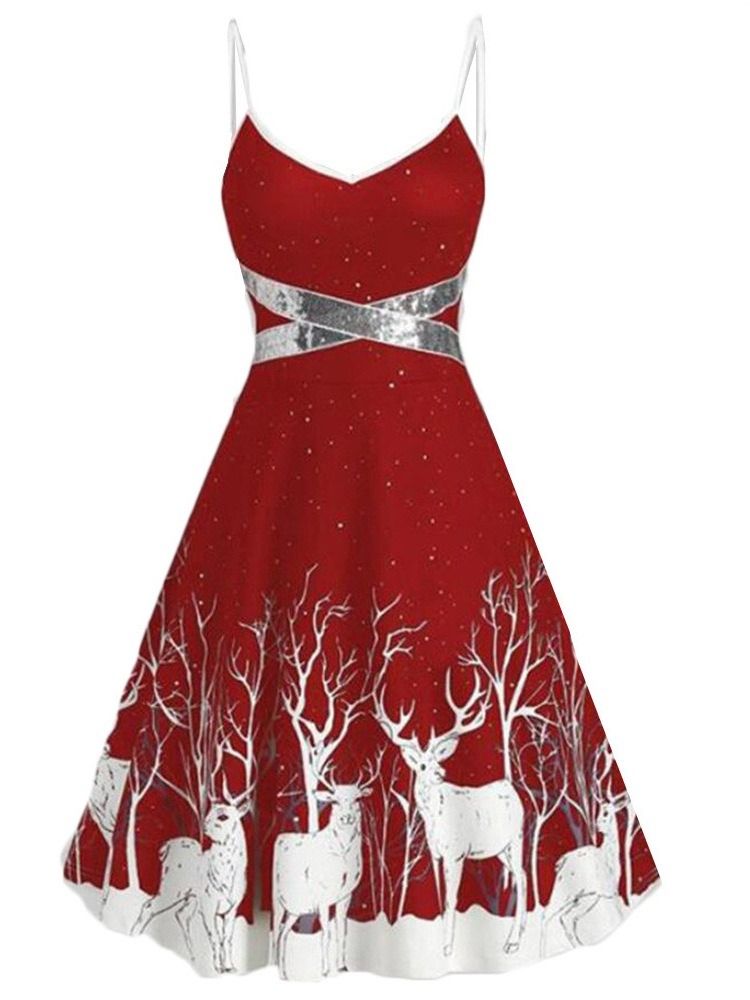 Christmas V-Hals Ermeløs Print Expansion Cartoon Dress