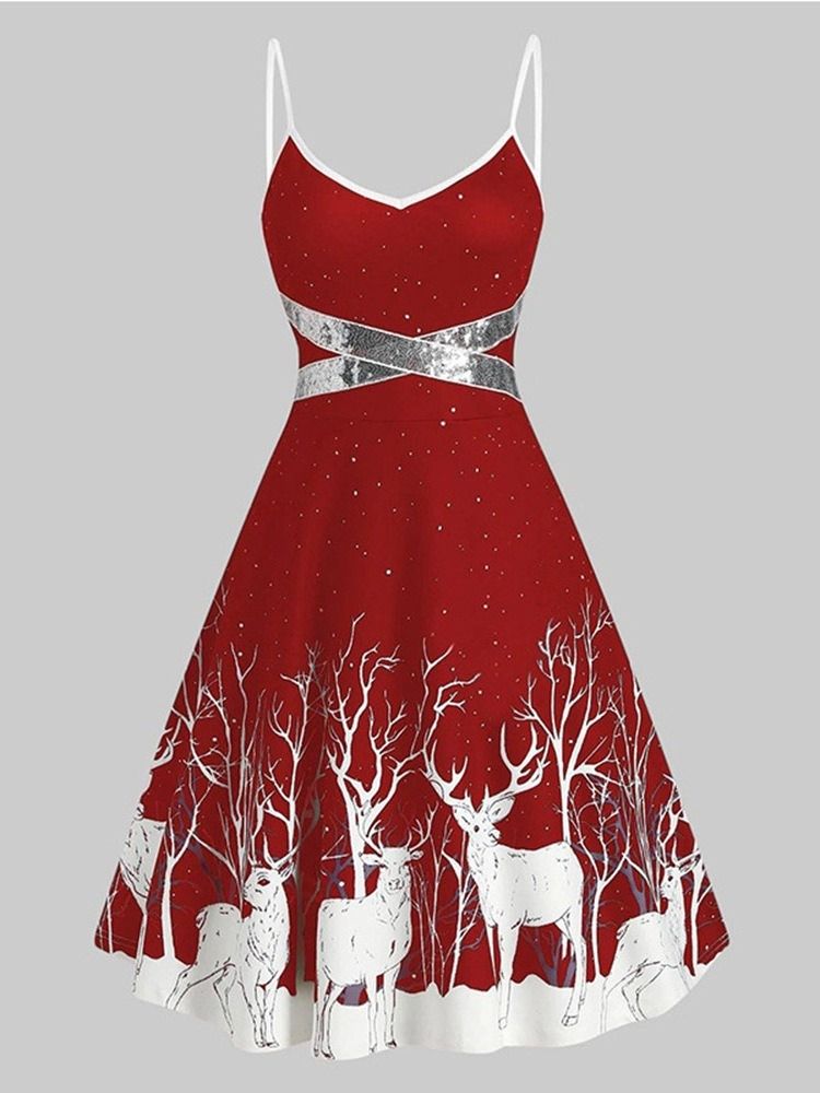 Christmas V-Hals Ermeløs Print Expansion Cartoon Dress