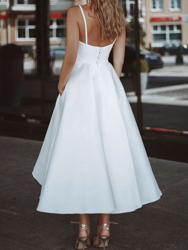 Ermeløs Pocket Mid-Calf Fashion White Midi Dress