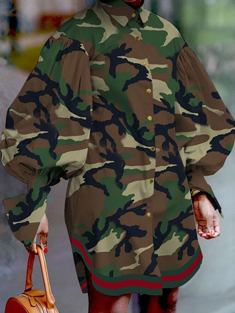 Lapel Above Knee Langermet Camouflage Asymmetrical Dress