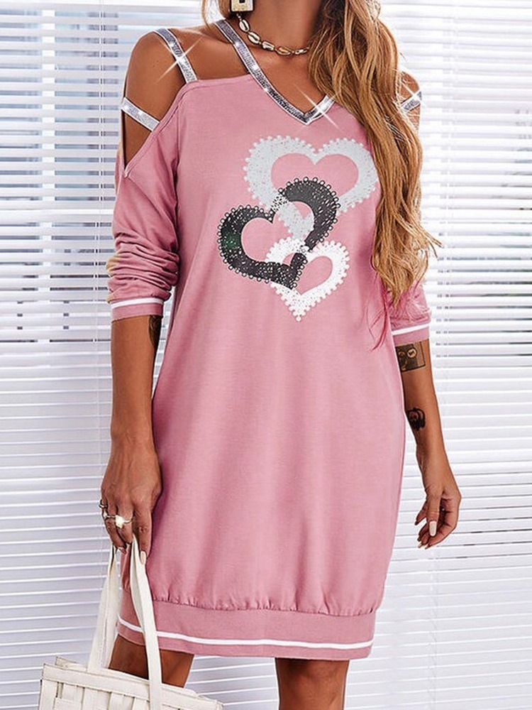 Over Kneet Langermet V-Hals Vanlig Pullover Casual Dress