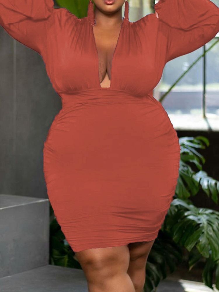 Plus Size V-Hals Kne-Lang Langermet Fall Sexy Kjole