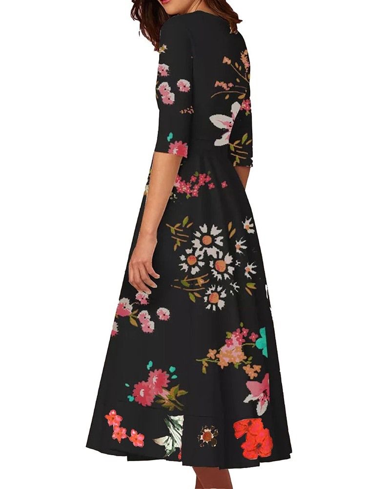 Print Expansion Half Sleeve Mid-Calf Floral Vanlig Kjole