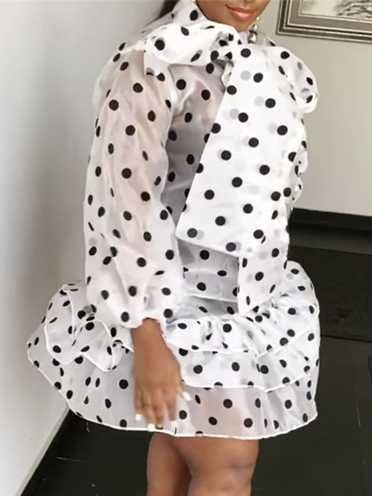 Sløyfe Krage Over Kne Print Pullover Polka Dots Kjole