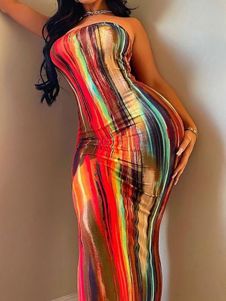 Tie Dye Ermeløs Gulvlang Bodycon-Kjole