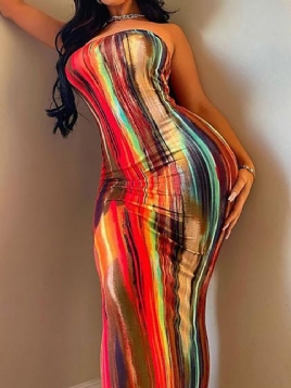 Tie Dye Ermeløs Gulvlang Bodycon-Kjole