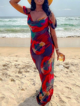 Trykk Gulvlang Kortermet Bohemian Bodycon-Kjole