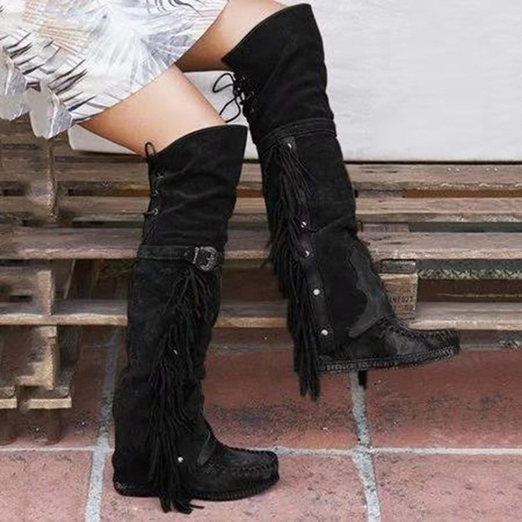 Lace-Up Back Rund Toe Patchwork Fringe Boots