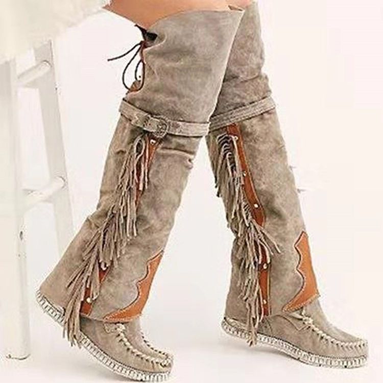 Lace-Up Back Rund Toe Patchwork Fringe Boots