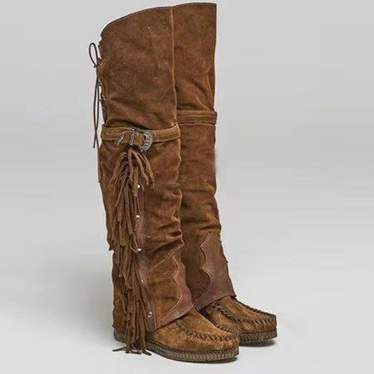 Lace-Up Back Rund Toe Patchwork Fringe Boots