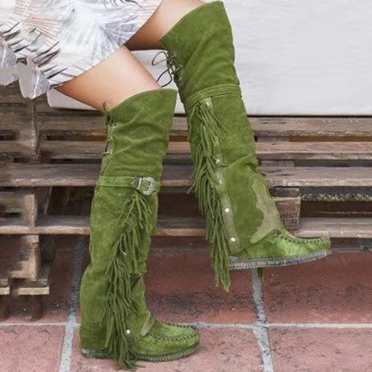 Lace-Up Back Rund Toe Patchwork Fringe Boots