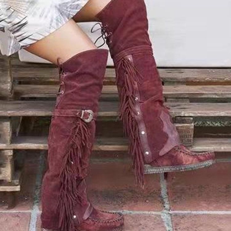 Lace-Up Back Rund Toe Patchwork Fringe Boots