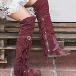 Lace-Up Back Rund Toe Patchwork Fringe Boots