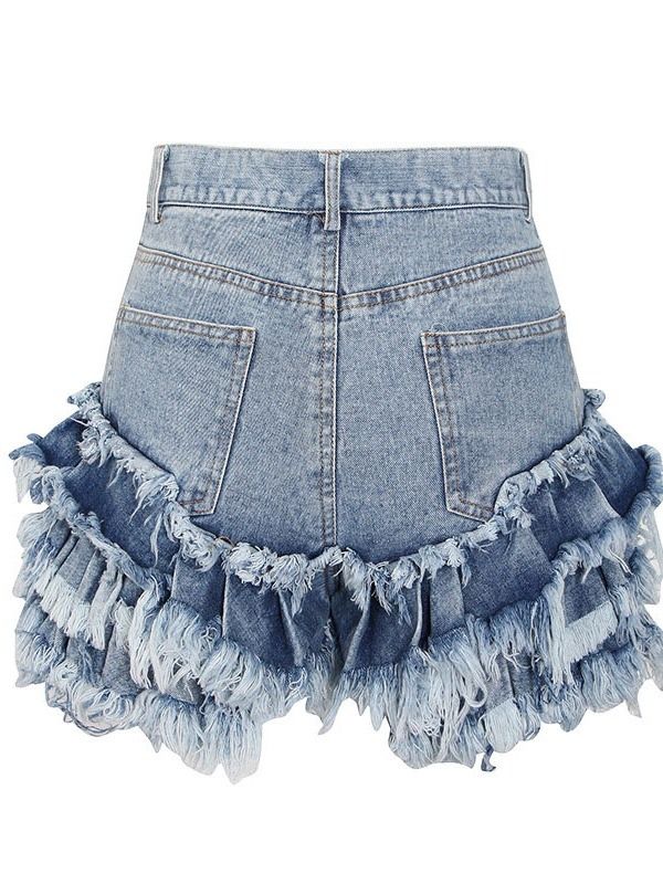 Tassel Slim Glidelås Slim Denim Shorts For Kvinner