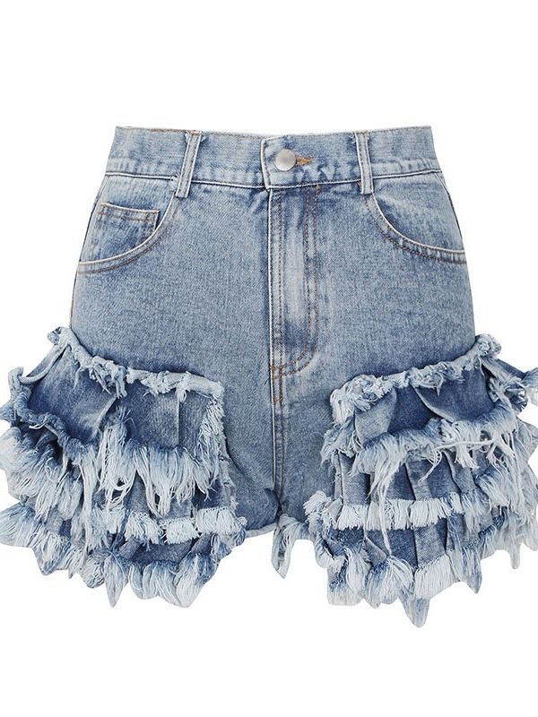 Tassel Slim Glidelås Slim Denim Shorts For Kvinner