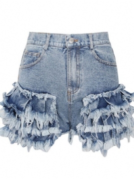 Tassel Slim Glidelås Slim Denim Shorts For Kvinner