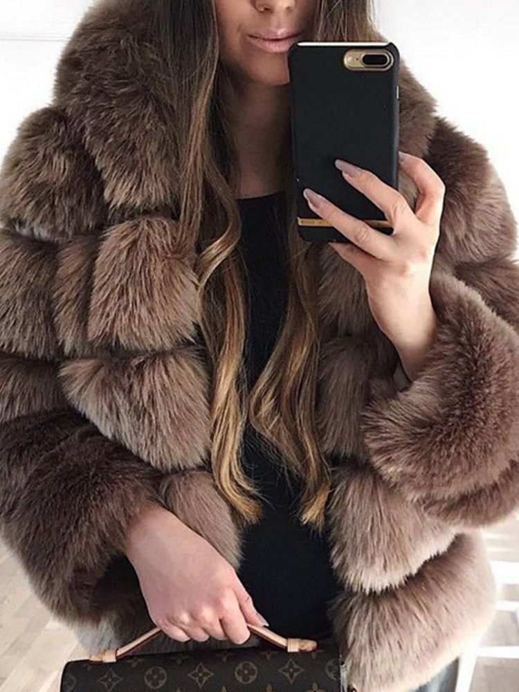 Hette Mellomlang Vanlig Vinter Løs Faux Fur Overcoat