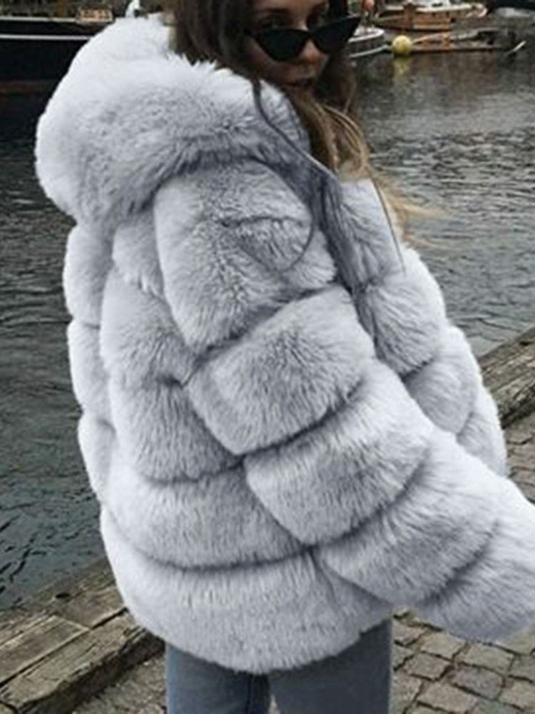 Hette Mellomlang Vanlig Vinter Løs Faux Fur Overcoat