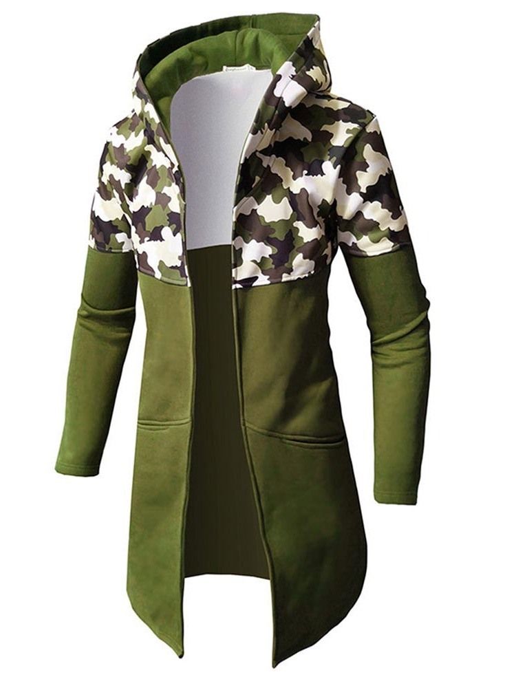 Camouflage Patchwork Slank Mellomlang Hette Trench Frakk For Menn