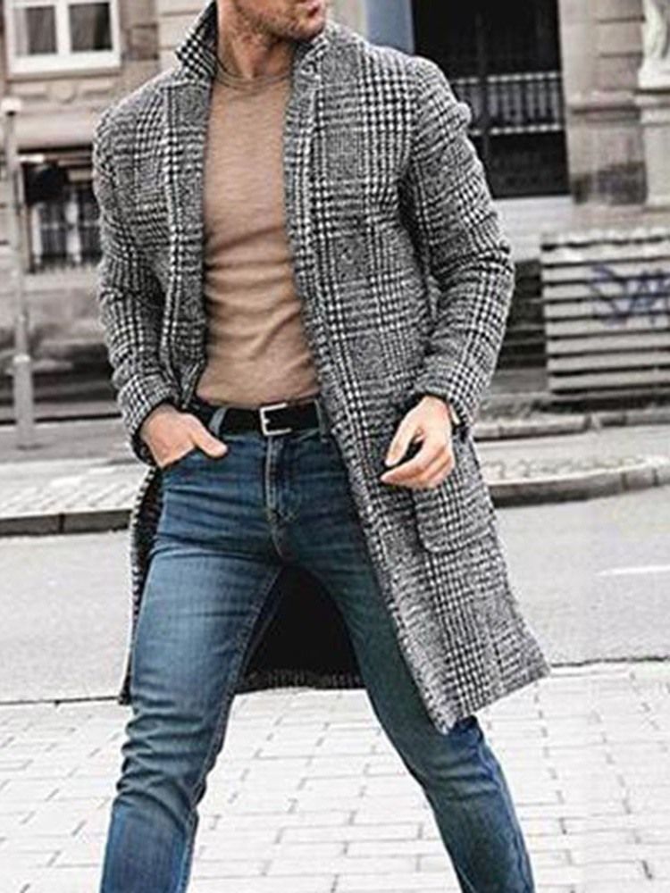 Lapel Plaid Mid-Length England Single-Breasted Coat