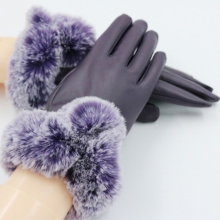 Fluffy Cony Hair Leather Windproof Lady Gloves