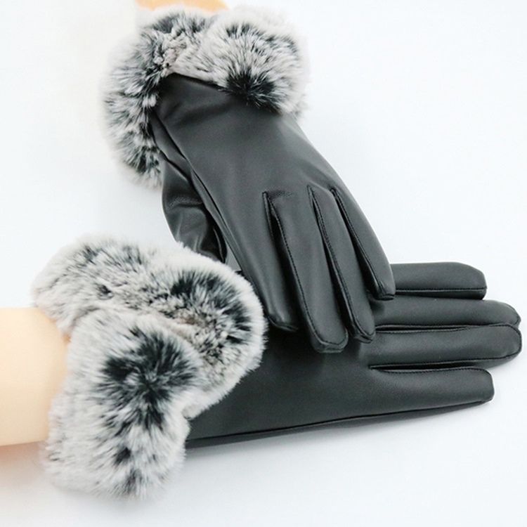 Fluffy Cony Hair Leather Windproof Lady Gloves