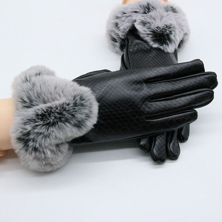 Fluffy Cony Hair Leather Windproof Lady Gloves