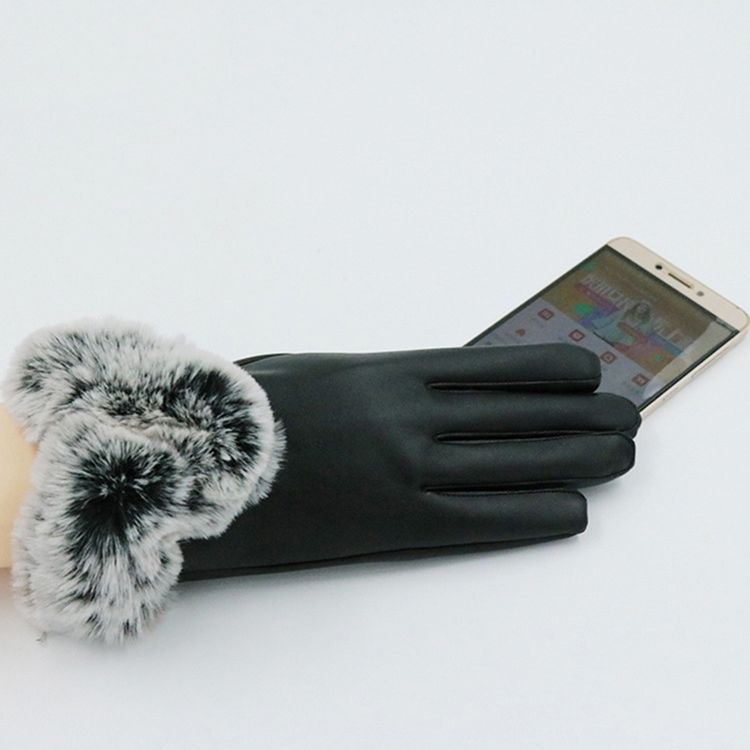 Fluffy Cony Hair Leather Windproof Lady Gloves