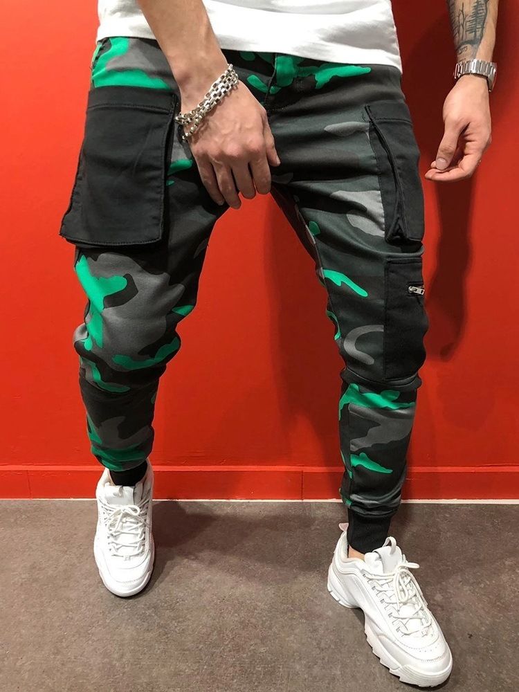 Skriv Ut Pencil Bukser Camouflage Fire årstider Mid Waist Casual Bukser