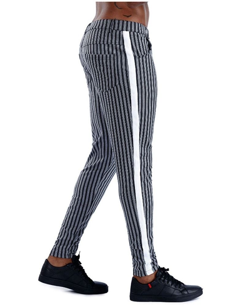 Stripe Pocket Pencil Bukser Glidelås Mid Waist Menns Fritidsbukser