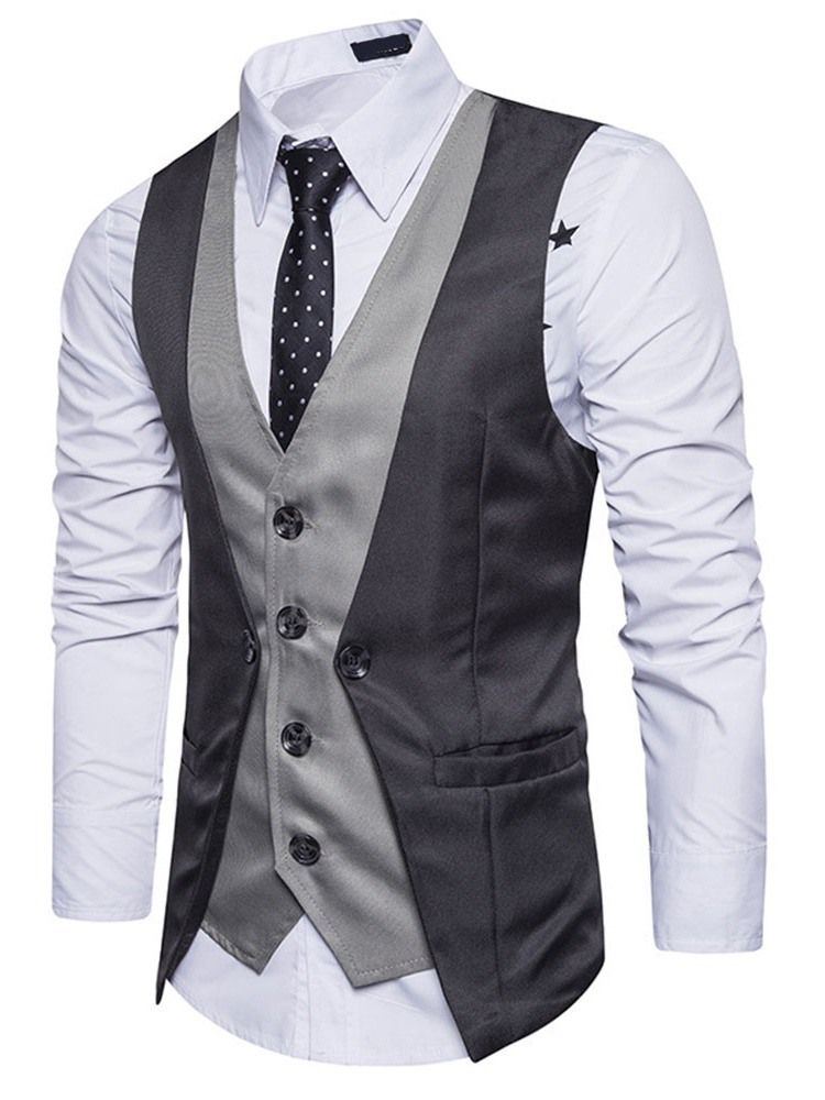 Button Color Block V-Hals Single-Breasted Menns Formell Vest