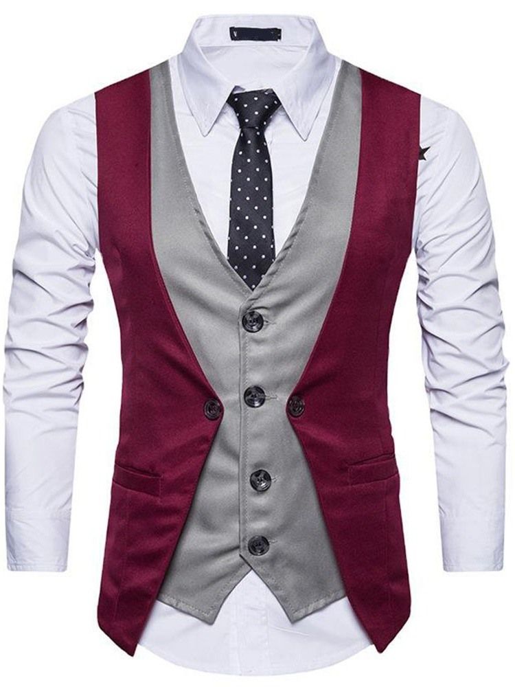 Button Color Block V-Hals Single-Breasted Menns Formell Vest