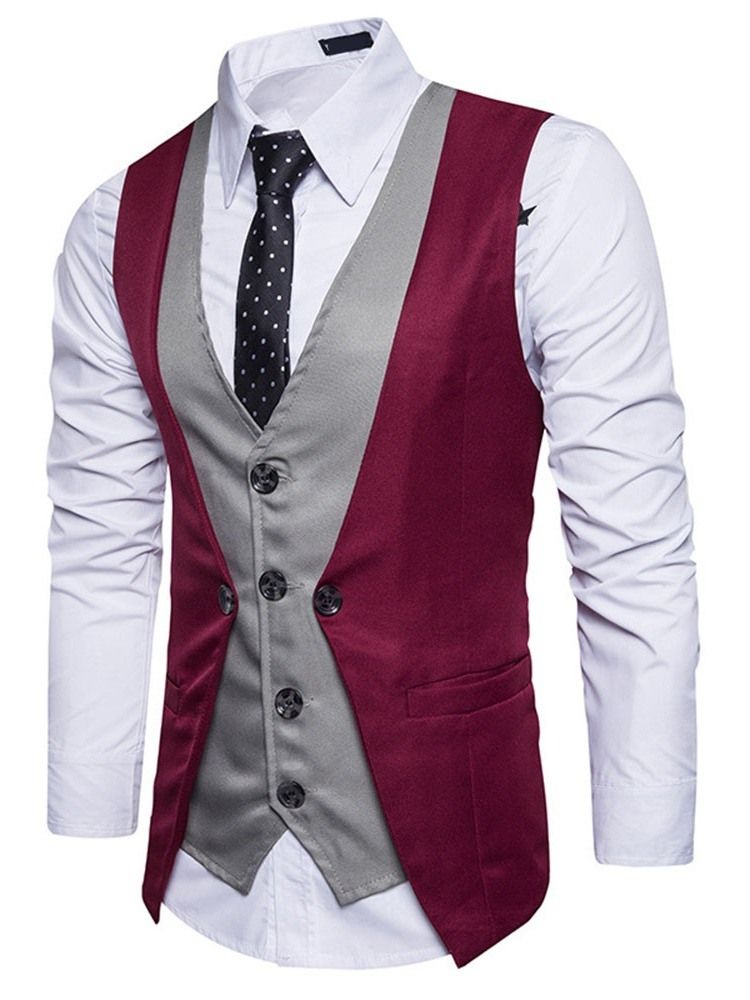 Button Color Block V-Hals Single-Breasted Menns Formell Vest