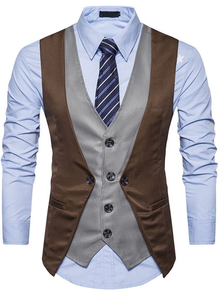 Button Color Block V-Hals Single-Breasted Menns Formell Vest