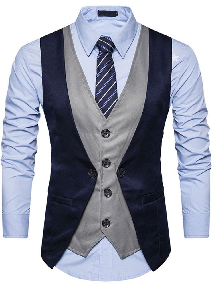 Button Color Block V-Hals Single-Breasted Menns Formell Vest