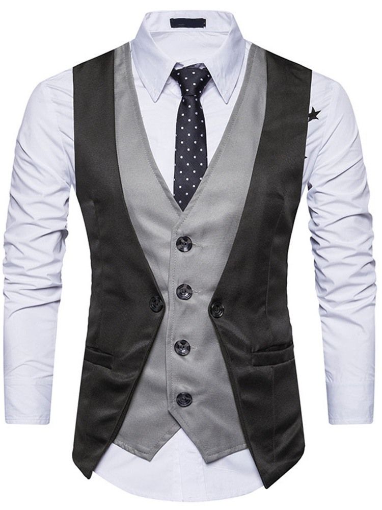 Button Color Block V-Hals Single-Breasted Menns Formell Vest