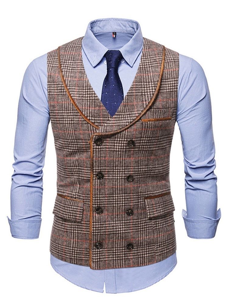 Lapel Pocket Plaid Fall Dobbelsneppet Vest