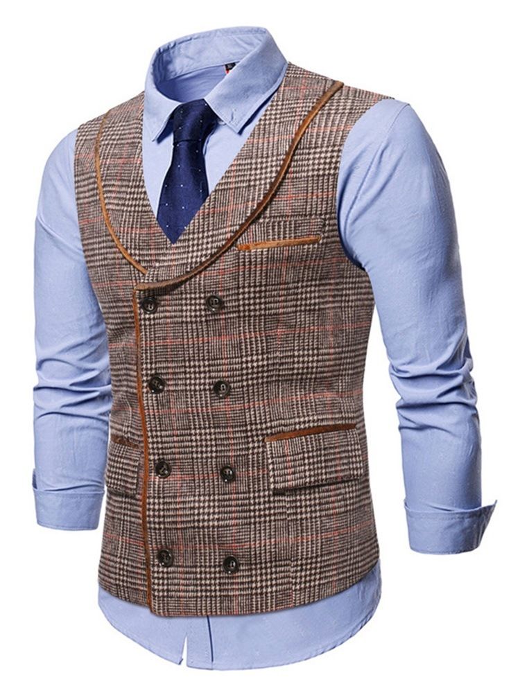 Lapel Pocket Plaid Fall Dobbelsneppet Vest