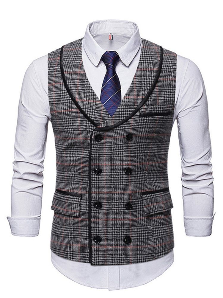 Lapel Pocket Plaid Fall Dobbelsneppet Vest