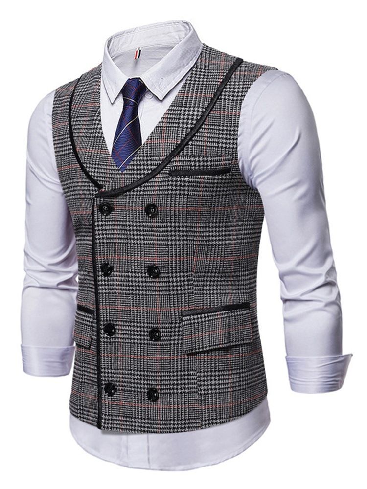 Lapel Pocket Plaid Fall Dobbelsneppet Vest