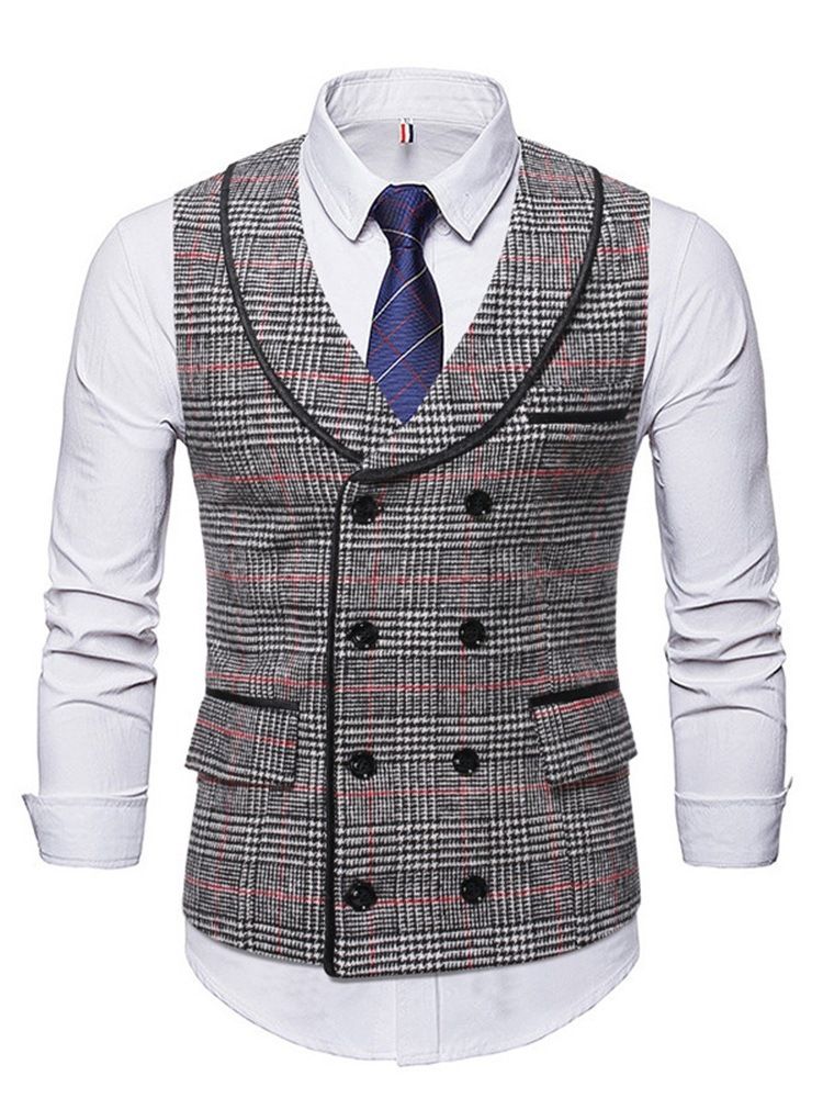 Lapel Pocket Plaid Fall Dobbelsneppet Vest